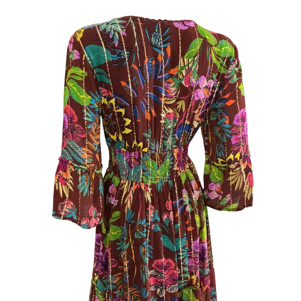 Me 2 Magic Anthropologie Maxi Dress S Floral Gold Stripe Fairy Whimsigoth  BOHO - Picture 6 of 14